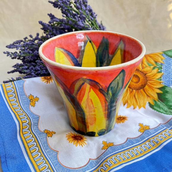 Sunflower Pottery Vase or Pen/Pencil Holder Orange Yellow & Green - Picture 3 of 4